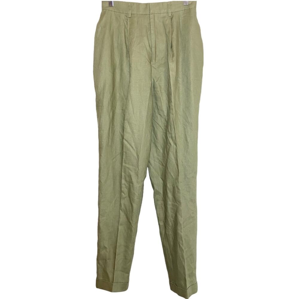 Vintage Classiques Entier Trouser Pants 100% Linen Straight Pleated Green 8 28